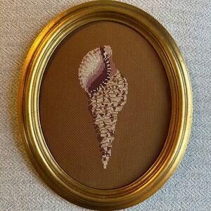 Oval Framed Seashell Cross Stitch Art Brown Gold Vintage Home Decor